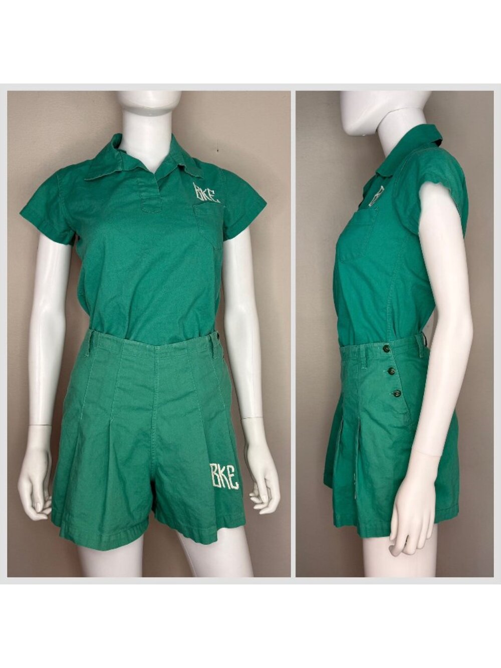 Vintage 1940s Green School Gym Uniform, Blouse, Side Button Shorts, E R Moore XS